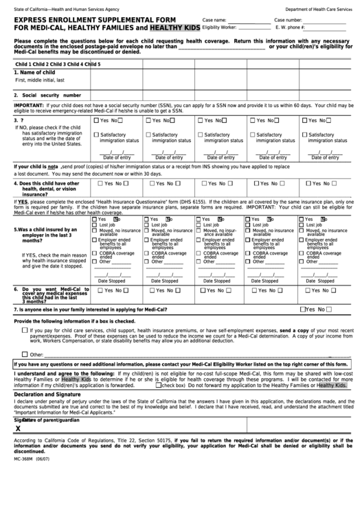 Form Mc-368m - Express Enrollment Supplemental Form For Medi-Cal, Healthy Families And Healthy Kids Printable pdf