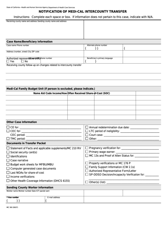 Fillable Form Mc 360 - Notification Of Medi-Cal Intercounty Transfer Printable pdf