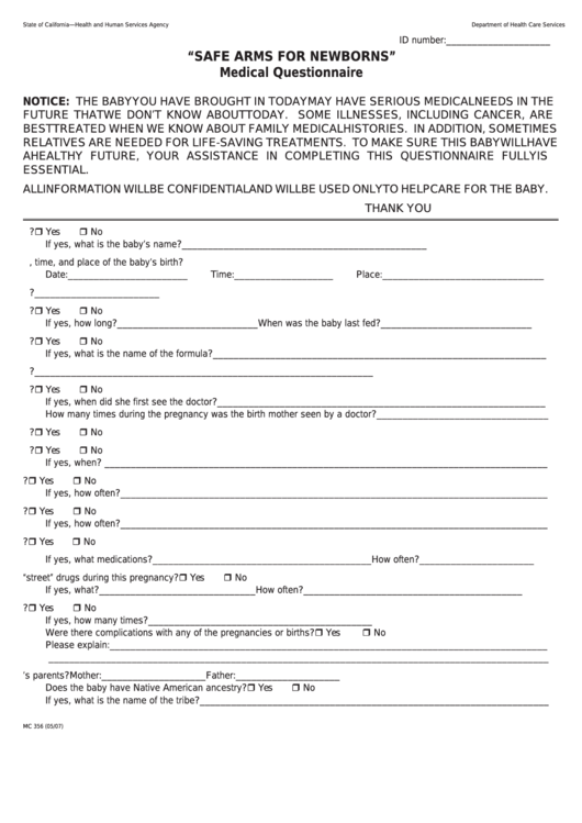 Form Mc 356 - Medical Questionnaire Printable pdf