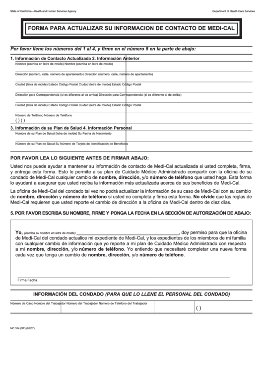 Form Mc 354 - Forma Para Actualizar Su Informacion De Contacto De Medi-Cal Printable pdf