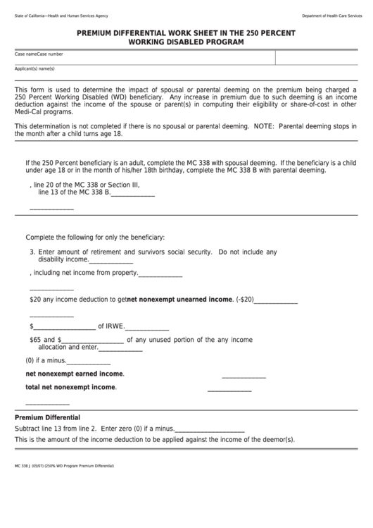 Form Mc 338 J - Premium Differential Work Sheet In The 250 Percent Working Disabled Program Printable pdf