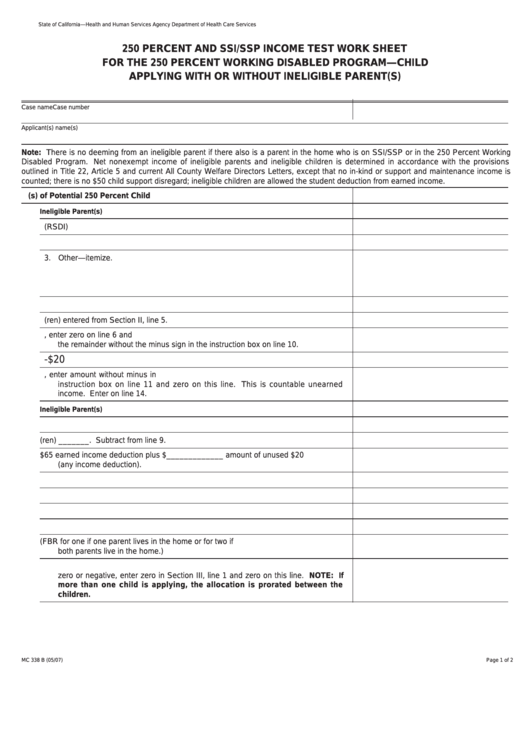 Form Mc 338 B - 250 Percent And Ssi/ssp Income Test Work Sheet For The 250 Percent Working Disabled Program-Child Applying With Or Without Ineligible Parent(S) Printable pdf