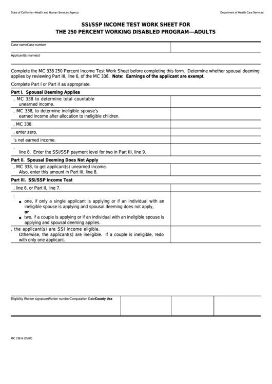 Form Mc 338 A - Ssi/ssp Income Test Work Sheet For The 250 Percent Working Disabled Program-Adults Printable pdf