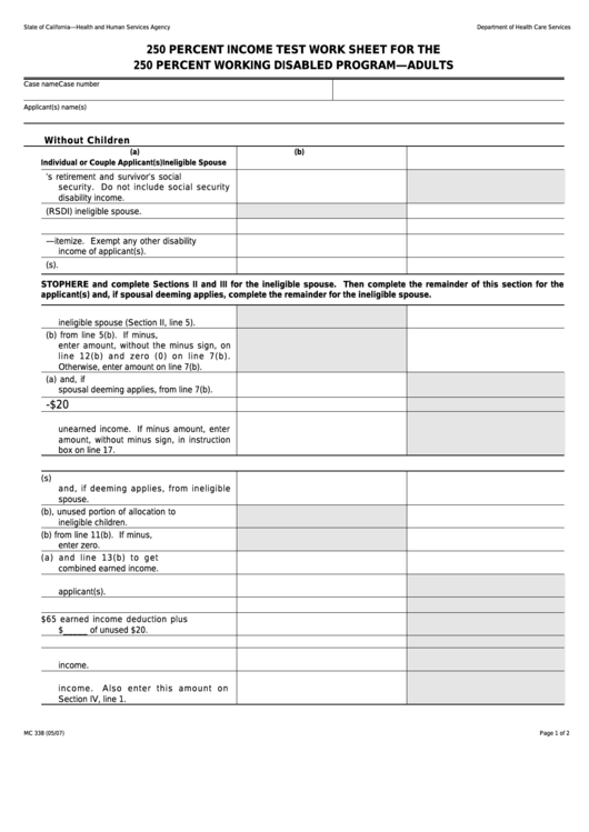Form Mc 338 - 250 Percent Income Test Work Sheet For The 250 Percent Working Disabled Program-Adults Printable pdf