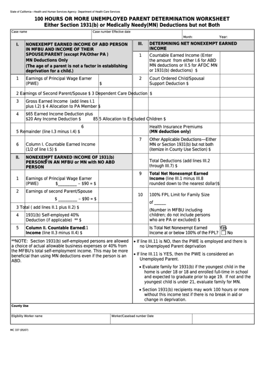 Form Mc 337 - 100 Hours Or More Unemployed Parent Determination Worksheet Printable pdf