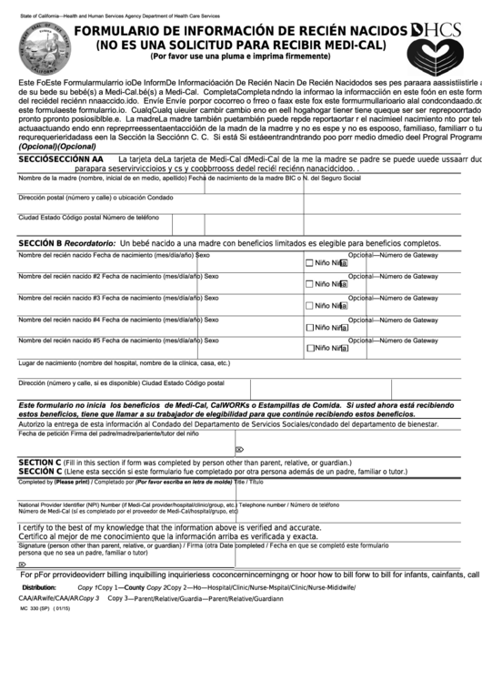 Fillable Form Mc 330 - Formulario De Informacion De Recien Nacidos Printable pdf