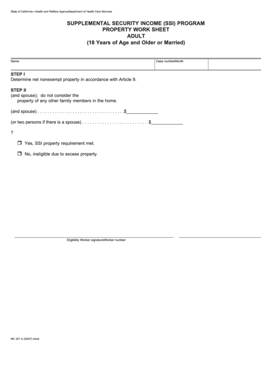 Form Mc 327 A - Supplemental Security Income (Ssi) Program Property Work Sheet - Adult Printable pdf