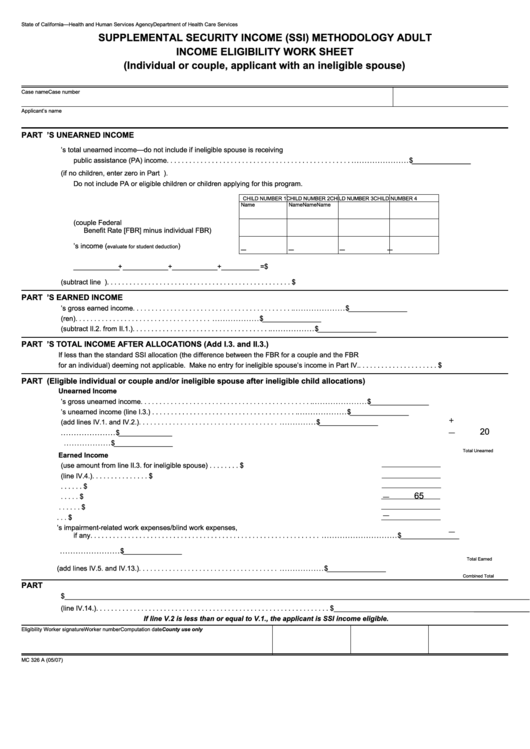 Form Mc 326 A - Supplemental Security Income (Ssi) Methodology Adult Income Eligibility Work Sheet Printable pdf