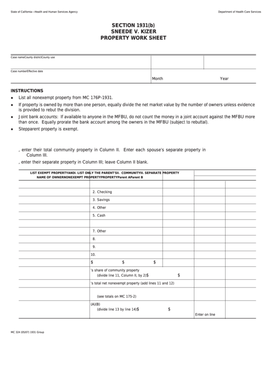 Form Mc 324 - Section 1931(B) Sneede V. Kizer Property Work Sheet Printable pdf