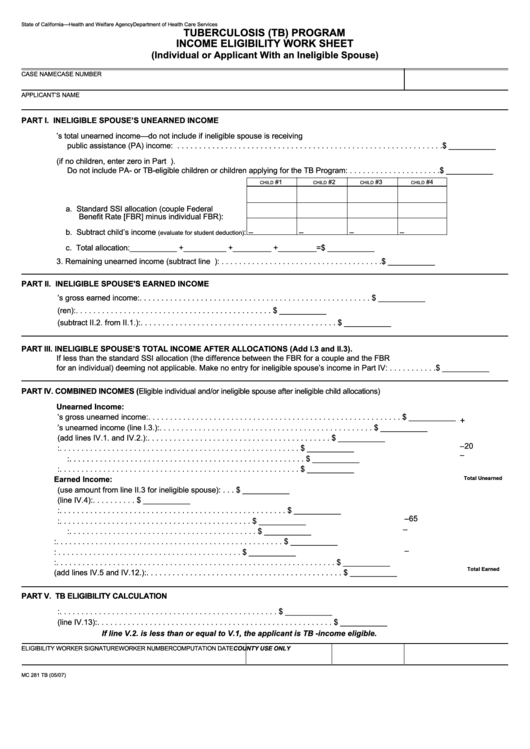 Fillable Form Mc 282 Tb - Tuberculosis (Tb) Program Income Eligibility Work Sheet Printable pdf