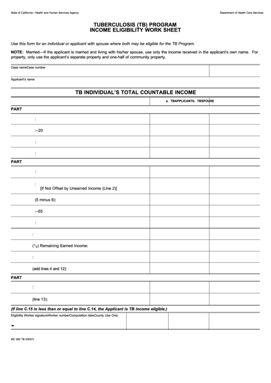 Form Mc 282 Tb - Tuberculosis (Tb) Program Income Eligibility Work Sheet Printable pdf