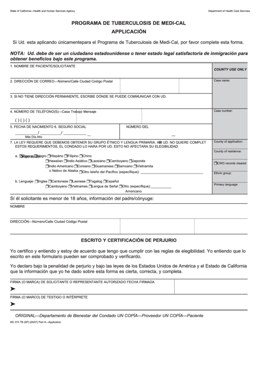Form Mc 274 Tb - Programa De Tuberculosis De Medi-Cal Applicacion Printable pdf