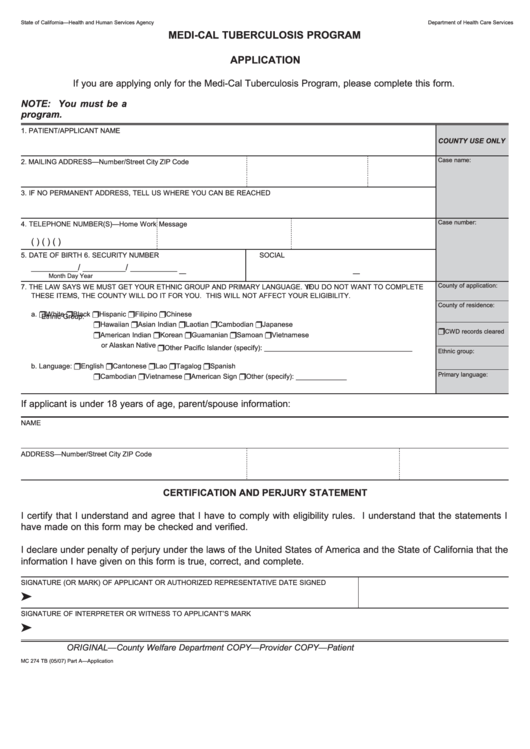Form Mc 274 Tb - Medi-Cal Tuberculosis Program Application Printable pdf