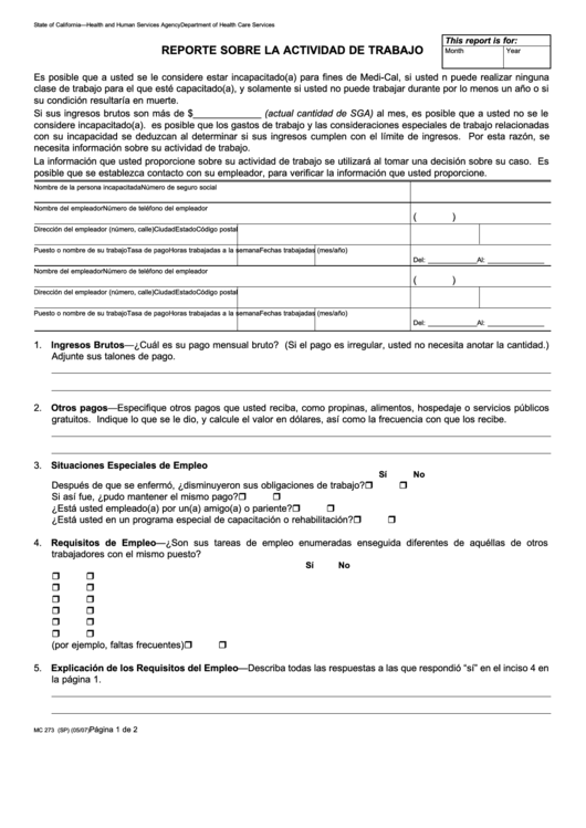 Form Mc 273 - Reporte Sobre La Actividad De Trabajo Printable pdf