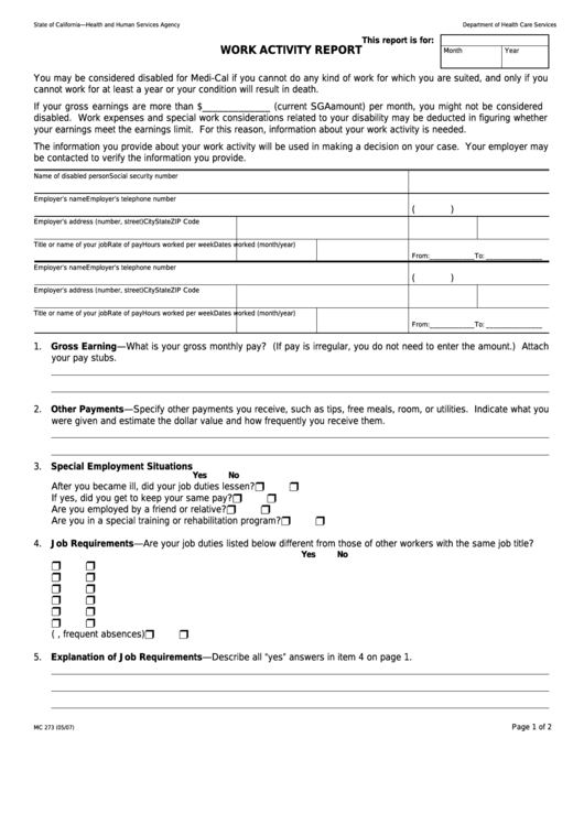 Fillable Form Mc 273 - Work Activity Report Printable pdf