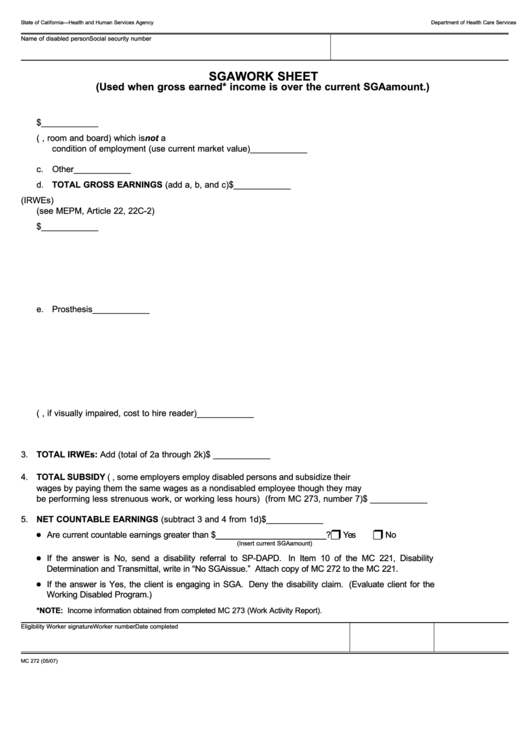 Form Mc 272 - Sga Work Sheet Printable pdf