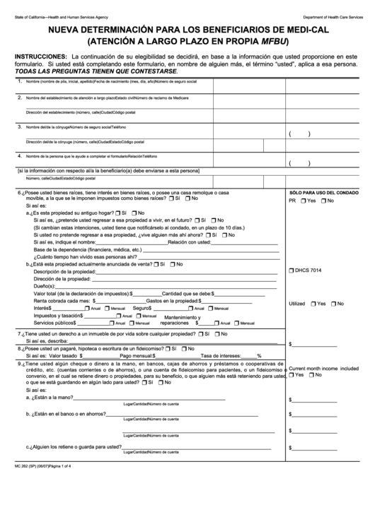Form Mc 262 - Nueva Determinacion Para Los Beneficiarios De Medi-Cal Printable pdf