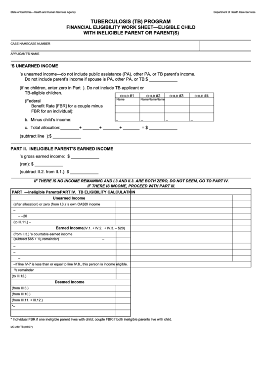 Form Mc 280 Tb - Tuberculosis (Tb) Program Financial Eligibility Work Sheet-Eligible Child With Ineligible Parent Or Parent(S) Printable pdf