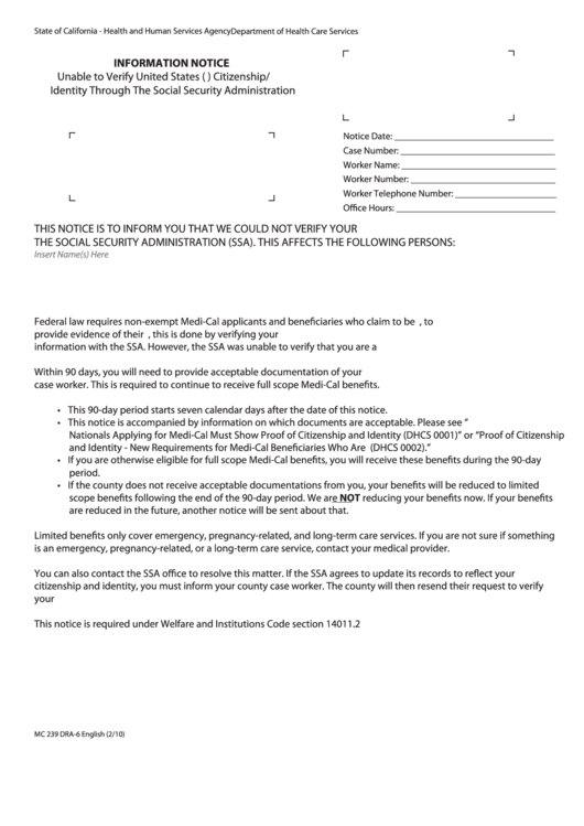 Fillable Form Mc 239 Dra-6 - Information Notice Printable pdf