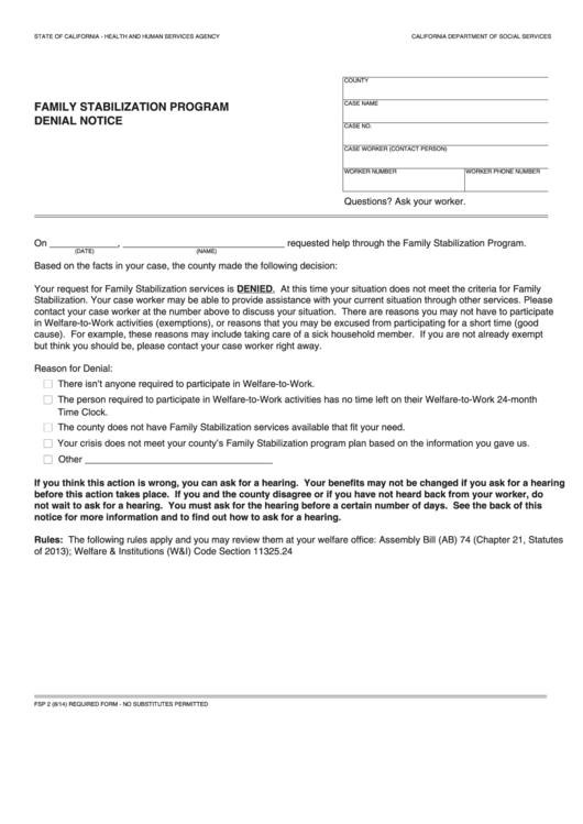 Fillable Form Fsp 2 - Family Stabilization Program Denial Notice Printable pdf