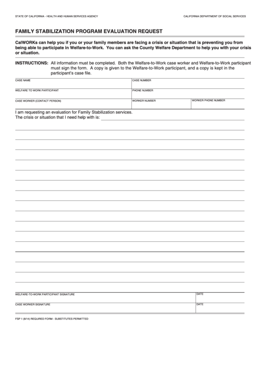 Fillable Form Fsp 1 - Family Stabilization Program Evaluation Request Printable pdf