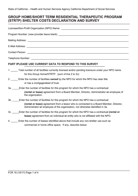 Fillable Form Fcr 16 - Group Home/short Term Residential Therapeutic Program (Strtp) Shelter Costs Declaration And Survey Printable pdf