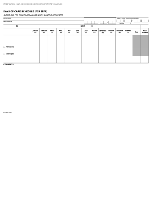 Fillable Form Fcr 3ffa - Days Of Care Schedule Printable pdf