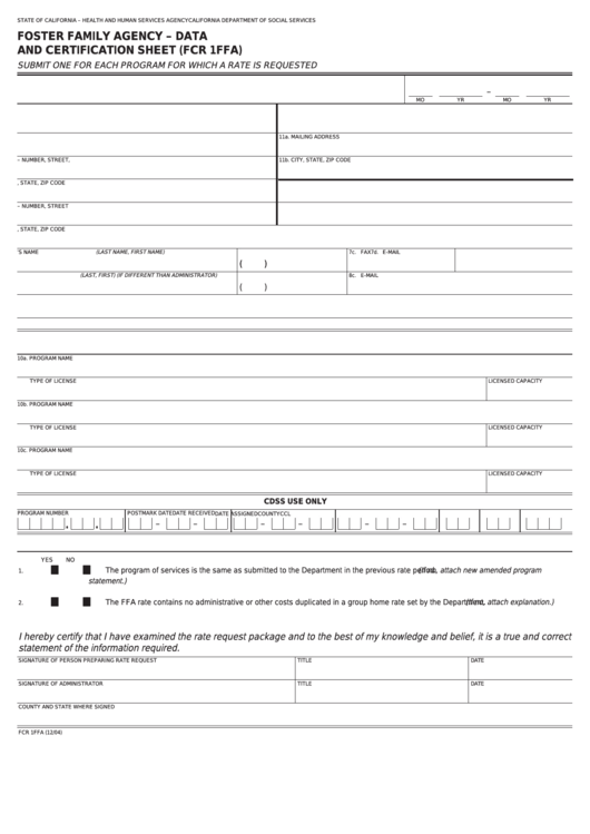 Fillable Form Fcr 1ffa - Foster Family Agency - Data And Certification Sheet Printable pdf