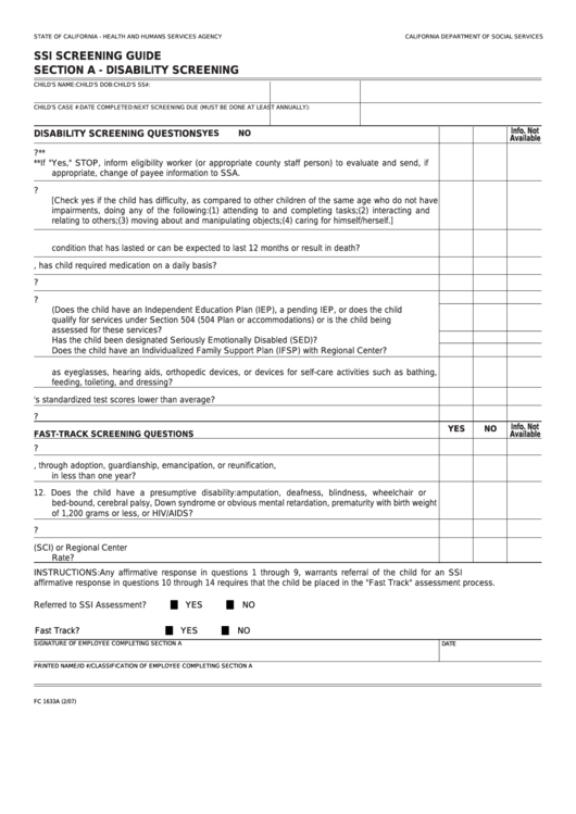 Fillable Form Fc 1633a - Ssi Screening Guide Section A - Disability Screening Printable pdf