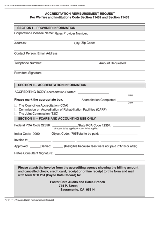 Fillable Form Fc 31 - Accreditation Reimbursement Request Printable pdf