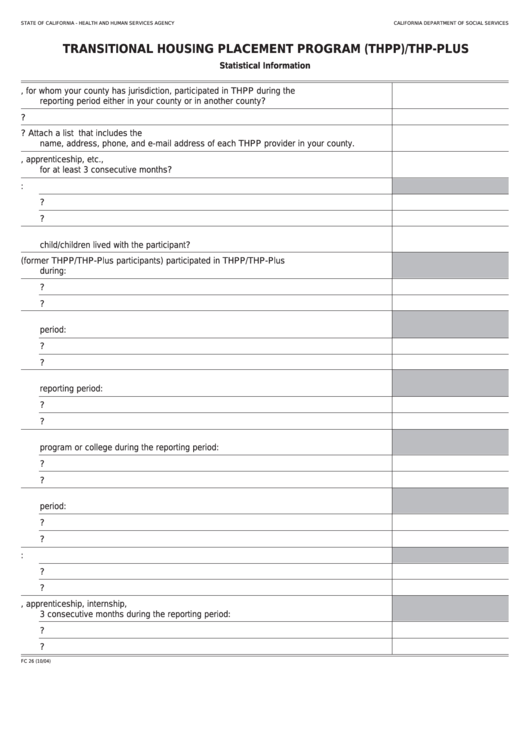 Fillable Form Fc 26 - Transitional Housing Placement Program (Thpp)/thp-Plus Printable pdf