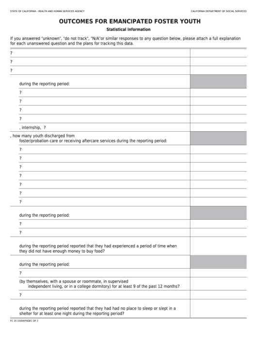 Fillable Form Fc 25 - Outcomes For Emancipated Foster Youth Printable pdf