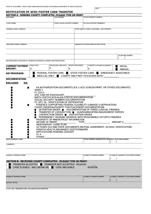 Fillable Form Fc 18 - Notification Of Afdc-Foster Care Transfer Printable pdf