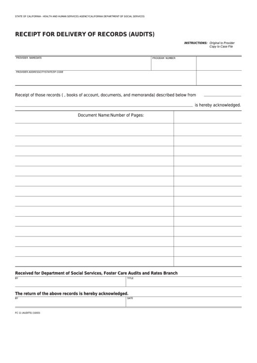 Fillable Form Fc 11 (Audits) - Receipt For Delivery Of Records (Audits) Printable pdf