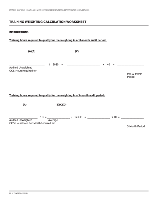 Fillable Form Fc 10 Trwtgcalc - Training Weighting Calculation Worksheet Printable pdf