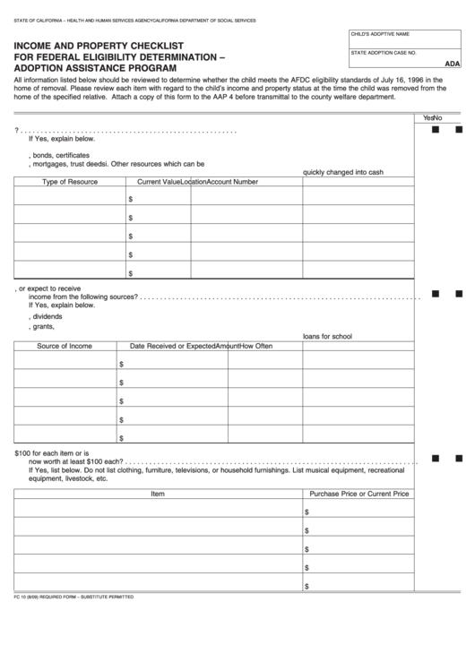 Fillable Form Fc 10 - Income And Property Checklist For Federal Eligibility Determiniation - Adoption Assistance Program Printable pdf