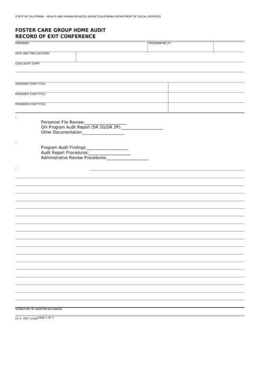 Fillable Form Fc 9-Exit - Foster Care Group Home Audit Record Of Exit Conference Printable pdf