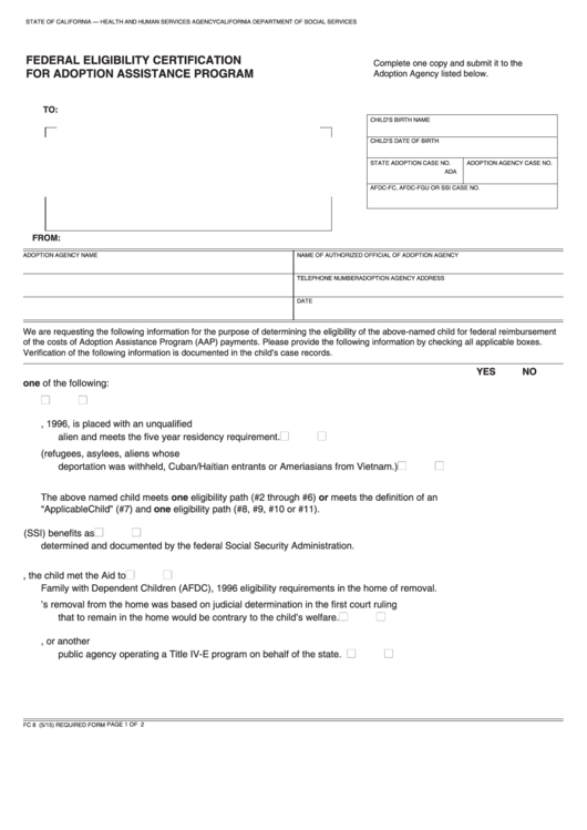 Fillable Form Fc 8 - Federal Eligibility Certification For Adoption Assistance Program Printable pdf