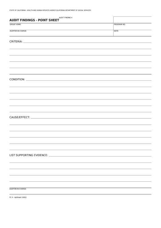Fillable Form Fc 4-Aptsheet - Audit Findings - Point Sheet Printable pdf