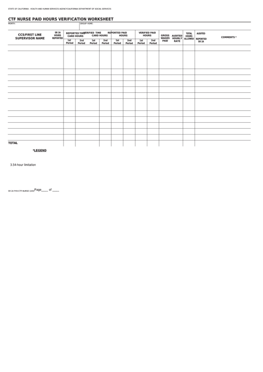 Fillable Form Sr 2a Phv-Ctf-Nurse - Ctf Nurse Paid Hours Verification Worksheet Printable pdf