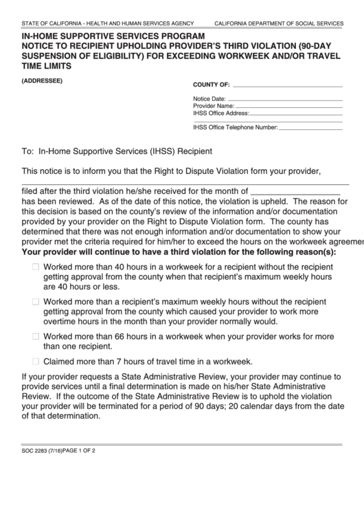 Form Soc 2283 - In-Home Supportive Services Program Notice To Recipient Upholding Provider