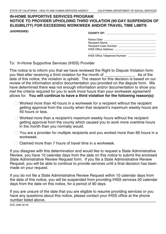 Form Soc 2282 - In-Home Supportive Services Program Notice To Provider Upholding Third Violation (90-Day Suspension Of Eligibility) For Exceeding Workweek And/or Travel Time Limits Printable pdf