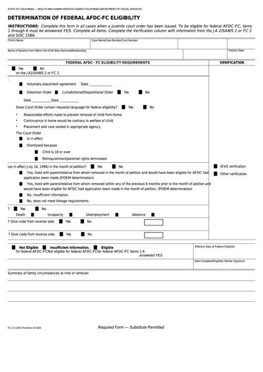 Fillable Form Fc 3 - Determination Of Federal Afdc-Fc Eligibility Printable pdf