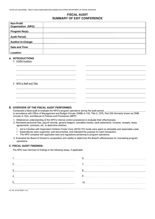 Fillable Form Fa 10a - Fiscal Audit Summary Of Exit Conference Printable pdf