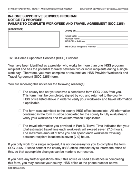 Form Soc 2270a - In-Home Supportive Services Program Notice To Provider Failure To Complete Workweek And Travel Agreement Printable pdf