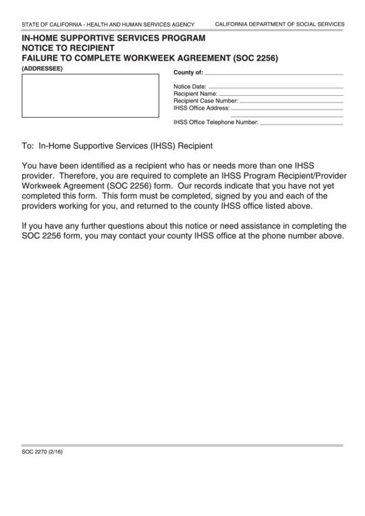 Form Soc 2270 - In-Home Supportive Services Program Notice To Recipient Failure To Complete Workweek Agreement Printable pdf
