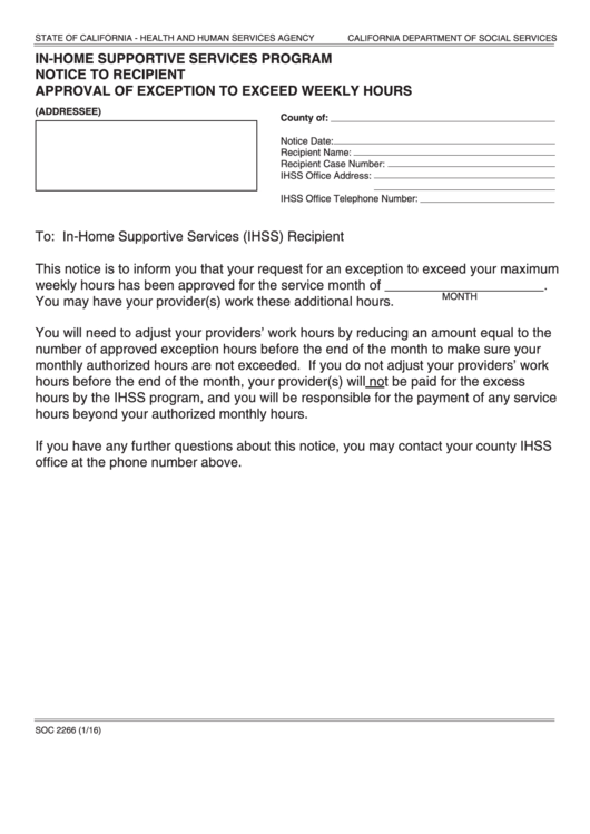 Form Soc 2266 - In-Home Supportive Services Program Notice To Recipient Approval Of Exception To Exceed Weekly Hours Printable pdf