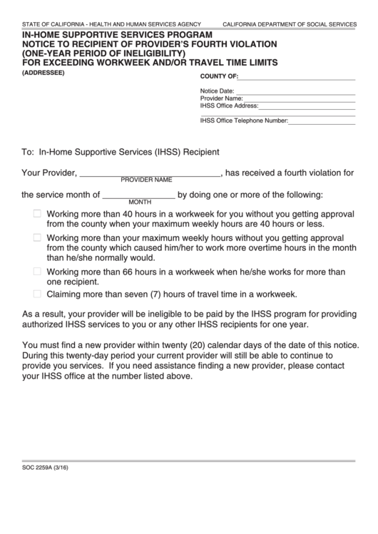Fillable Form Soc 2259a - In-Home Supportive Services Program Notice To Recipient Of Provider