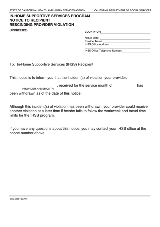 Fillable Form Soc 2264 - In-Home Supportive Services Program Notice To Recipient Rescinding Provider Violation Printable pdf