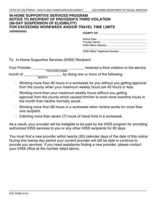 Fillable Form Soc 2258a - In-Home Supportive Services Program Notice To Recipient Of Provider
